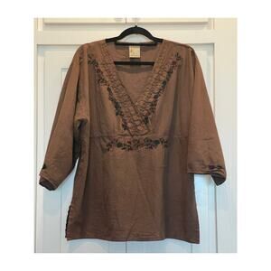 El Interior La Sirena Folk art floral embroidered brown tunic LG 100% Cotton